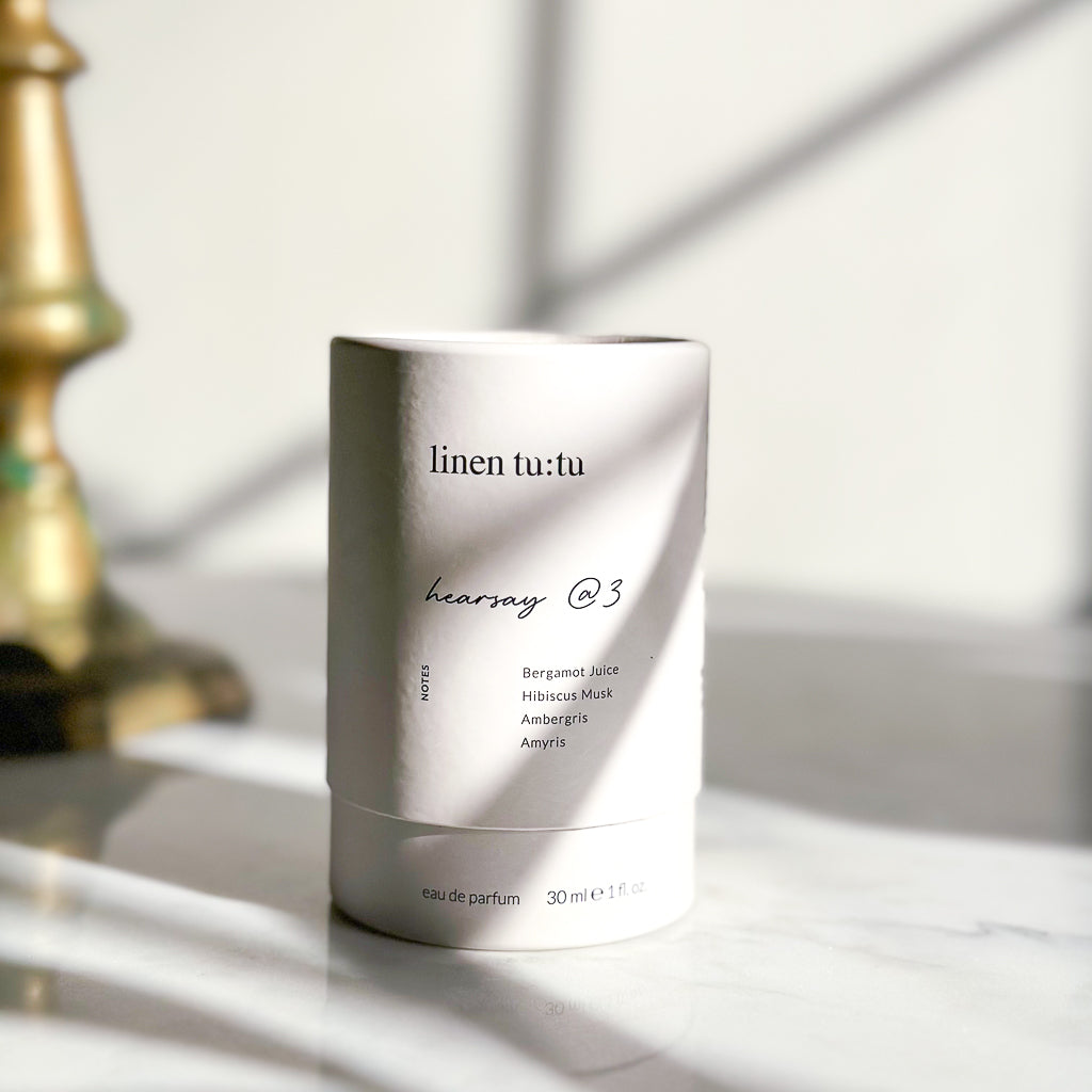 Linen Tutu hearsay at three natural fragrance sustainable packaging
